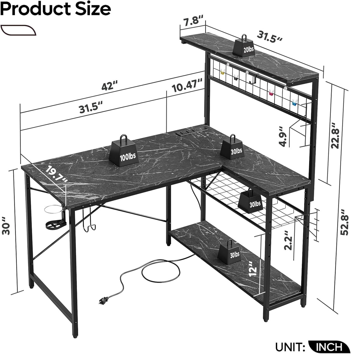 Bestier 42 L Shaped Gaming Desk, Computer Desk with Power Outlets & LED Light, Reversible Corner Desk with Shelves, Home Office Desk with Storage, Black Marble