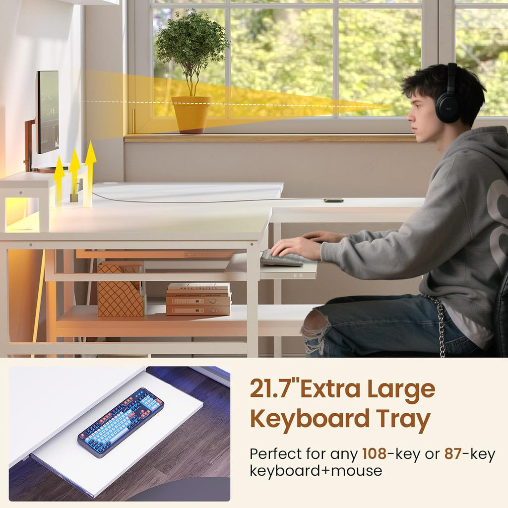 SEDETA 94.5' White Computer Desk, Two Person Gaming Desk with LED Light, Keyboard Tray, Power Strip with USB, Monitor Shelf & Storage, Extra Long Double Desk for Home Office, White
