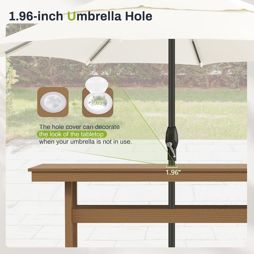 7 Piece Outdoor Dining Set, HDPS Patio Table and Chairs Set, 66' Patio Table with 1.96' Umbrella Hole & 6 Chairs, All Weather Furniture for Garden, Backyard, Poolside (Brown)