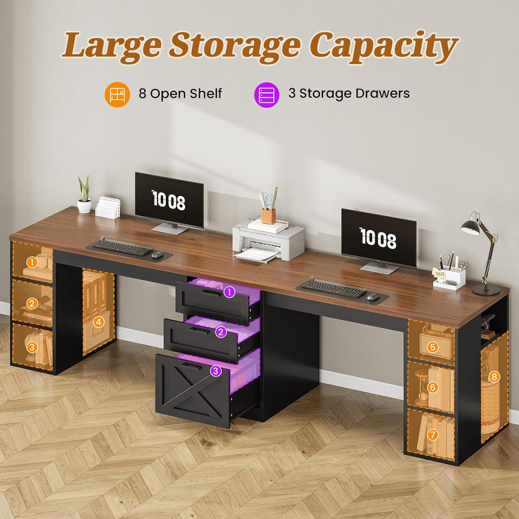 SEDETA Farmhouse 96.5' Office Desk with Drawers, 2 Person Gaming Desk with Storage, Double Computer Desk with Storage Drawers, Long Two Person Writing Desk, Black