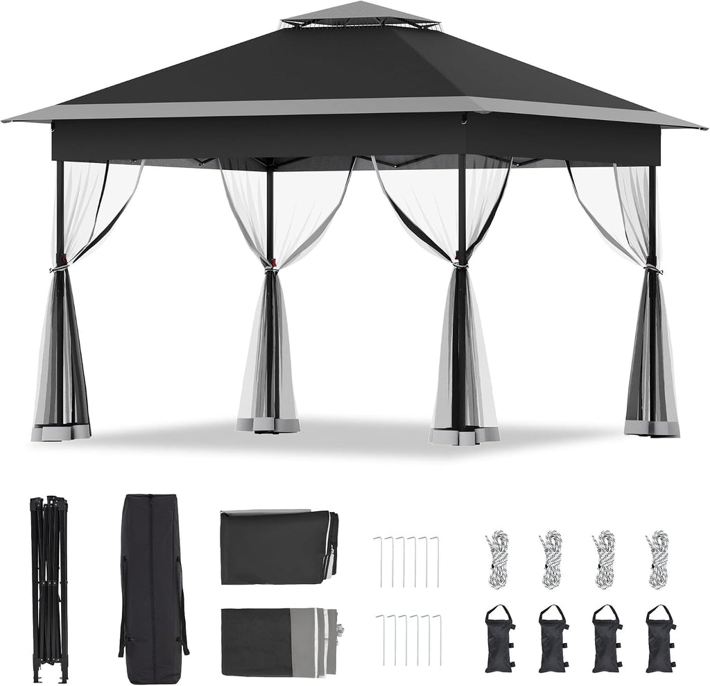 Bezseller 11x11 Pop Up Gazebo with Mosquito Netting – Easy 1-Person Setup, Water-Resistant Backyard Canopy for Family Patio & Garden Use, Black