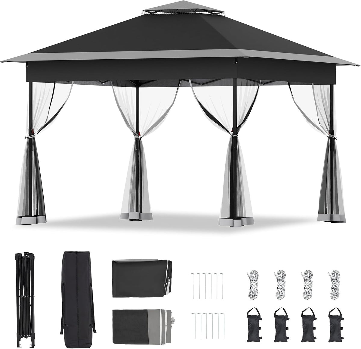 Bezseller 11x11 Pop Up Gazebo with Mosquito Netting – Easy 1-Person Setup, Water-Resistant Backyard Canopy for Family Patio & Garden Use, Black
