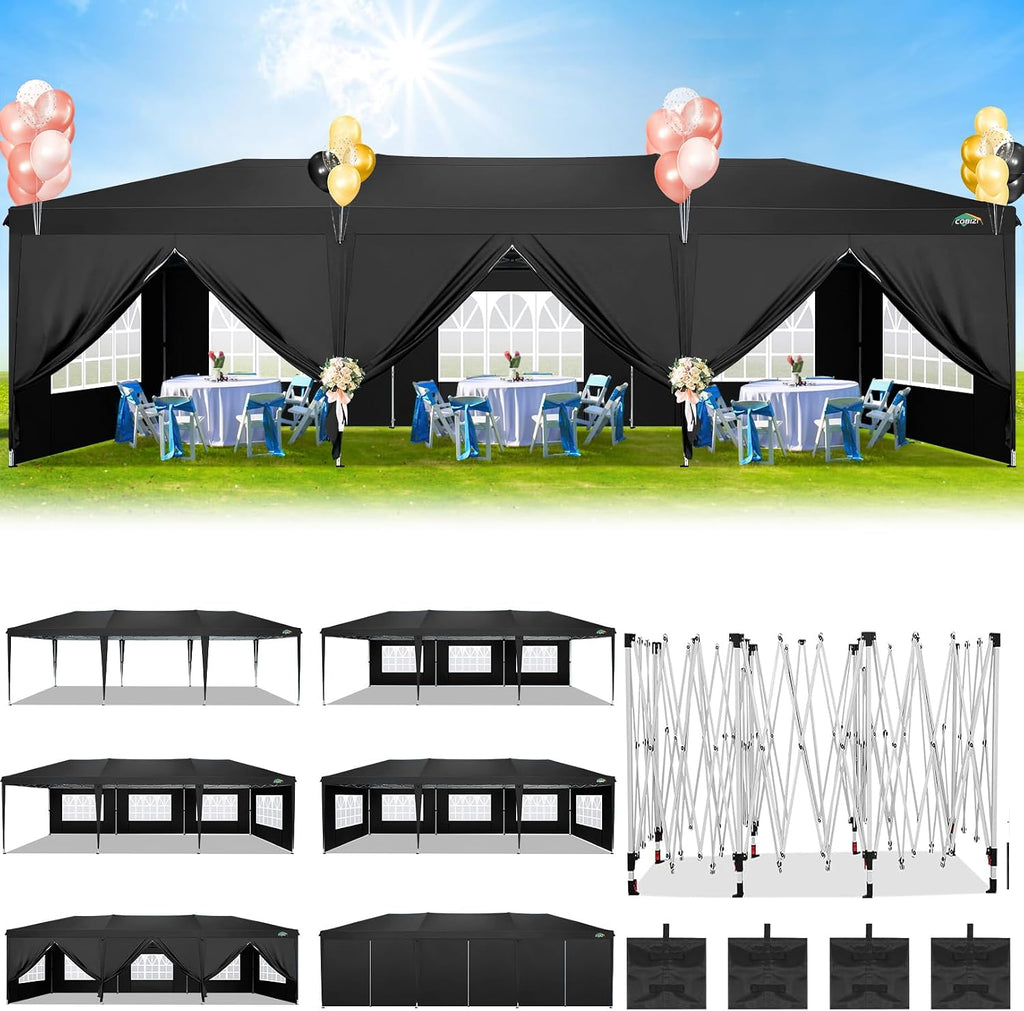 COBIZI 10x30 Canopy Party Tent with 8 Walls 10x30 Pop Up Canopy for Parties Waterproof UPF 50+ Outdoor Commercial Event Tent for Party Backyard Gazebo Canopy with Sidewalls & Sandbags(Black,10x30ft