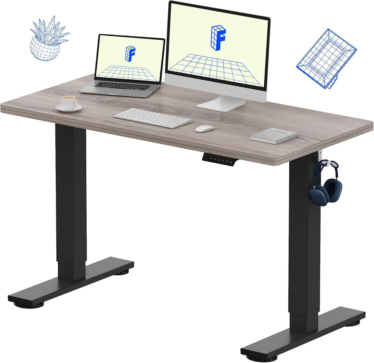 FLEXISPOT EN1 One-Piece Standing Desk, Electric Adjustable with 4 Memory Presets, 176 LBS Capacity, Stable & Quiet, Seamless Desktop for Home Office & Dual Monitors, 48'x24' Gray Wood