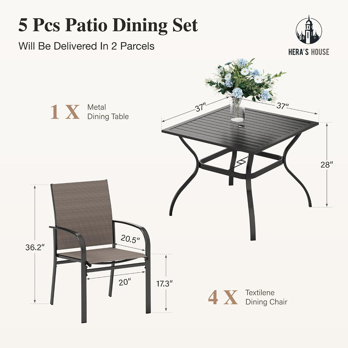 HERA'S HOUSE Patio Table and Chairs for 4, 5 Pieces Outdoor Deck Dining Sets, Square Metal Table Set with Chairs for Lawn Garden Backyard, Brown