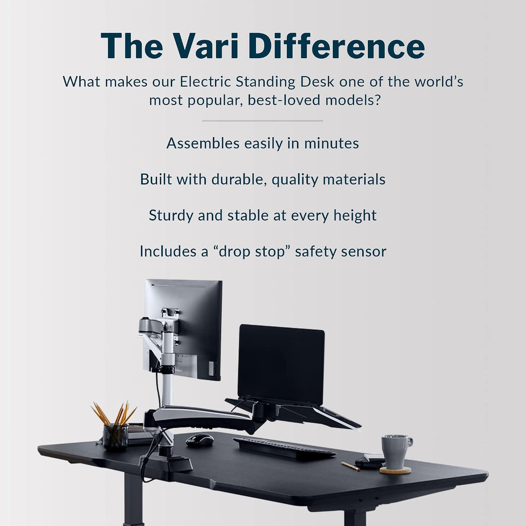 Vari Classic Electric Standing Desk - VariDesk Height Adjustable Sit/Stand Desk - Dual Motor with Memory Presets, Stable T-Style Legs - Gaming or Home Office Workstation - 60'x30', Black