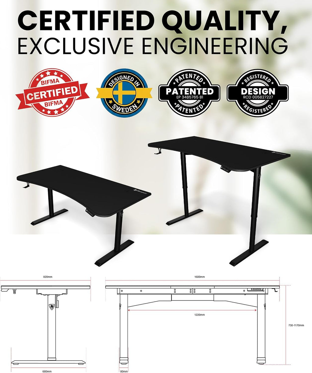 Arozzi Arena Moto Gamer Desk - 63x32' Electric Standing PC Gaming Desk with Storage for Cables - Dual Motor Steel Frame & Full-Surface Washable Mousepad - Pure Black