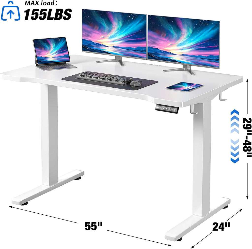 EnHomee Electric Standing Desk with LED Lights,Computer Desk 56 x 24 Inch Height Adjustable with 3 Memory Preset,Gaming Sit Stand Desk with Storage Side Pocket and Cable Management,White