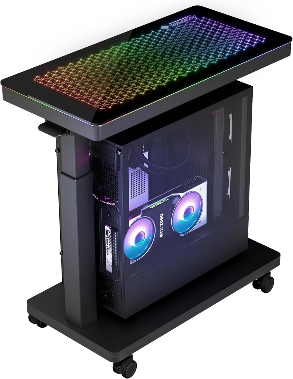 EUREKA ERGONOMIC Height Adjustable Computer Tower Stand, Illuminated Glass Panel PC Stand w/RGB Lights, 2-Tier CPU Holder Cart Under Desk, PC Floor Stand for Office Gaming, APP Control
