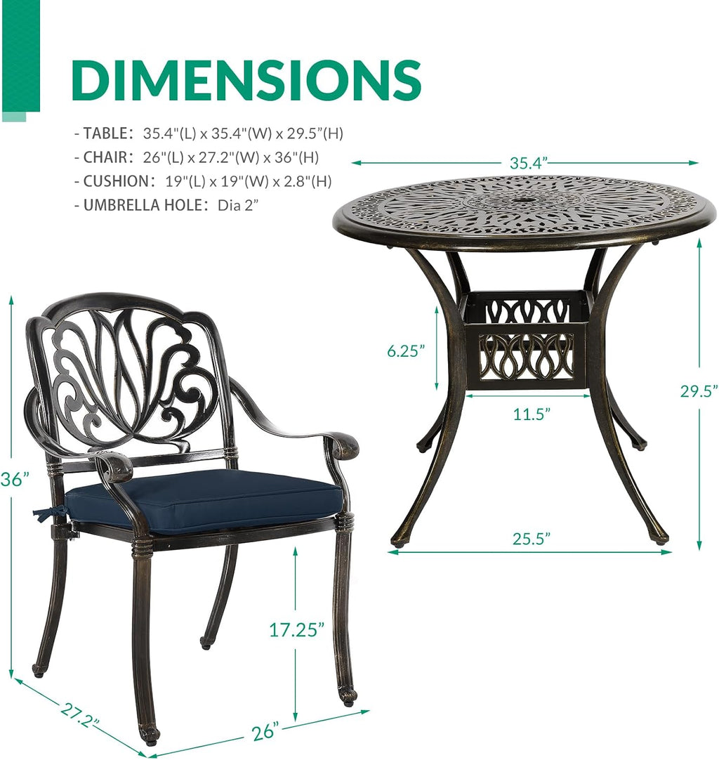 VIVIJASON 5-Piece Outdoor Patio Dining Set, All-Weather Cast Aluminum Conversation Set, Patio Furniture Set Include 4 Cushioned Chairs, a 35.4 inch Round Table w/Umbrella Hole, Navy Blue Cushion