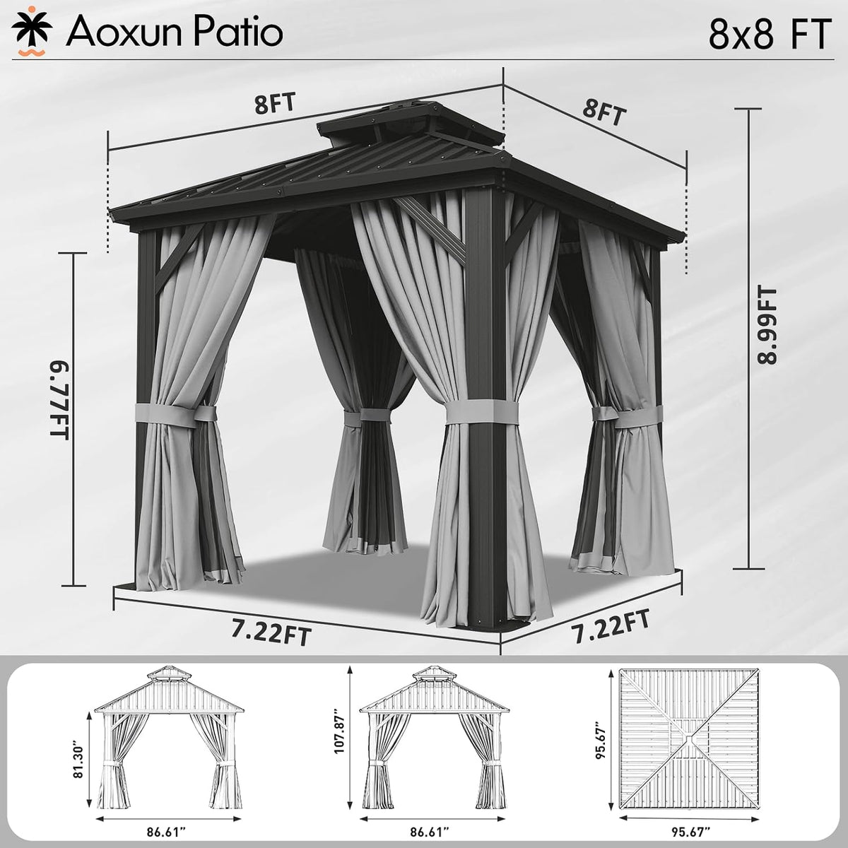 Aoxun 8 FTx 8FT Hardtop Gazebo with Double Galvanized Steel Roof, Outdoor Pavilion with Breathable Netting & Privacy Curtain for Backyard, Patio - Versatile for Family Gatherings, Carport (Gray)