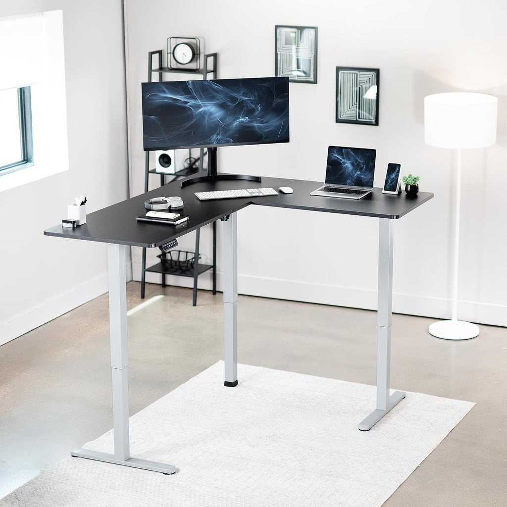 VIVO Corner Standing Desk, 63 x 55 inch Reversible L-Shaped Workstation, Electric Height Adjustment, Home, Office, and Reception Rooms, Black Table Top Gray Frame, DESK-E3CTGB