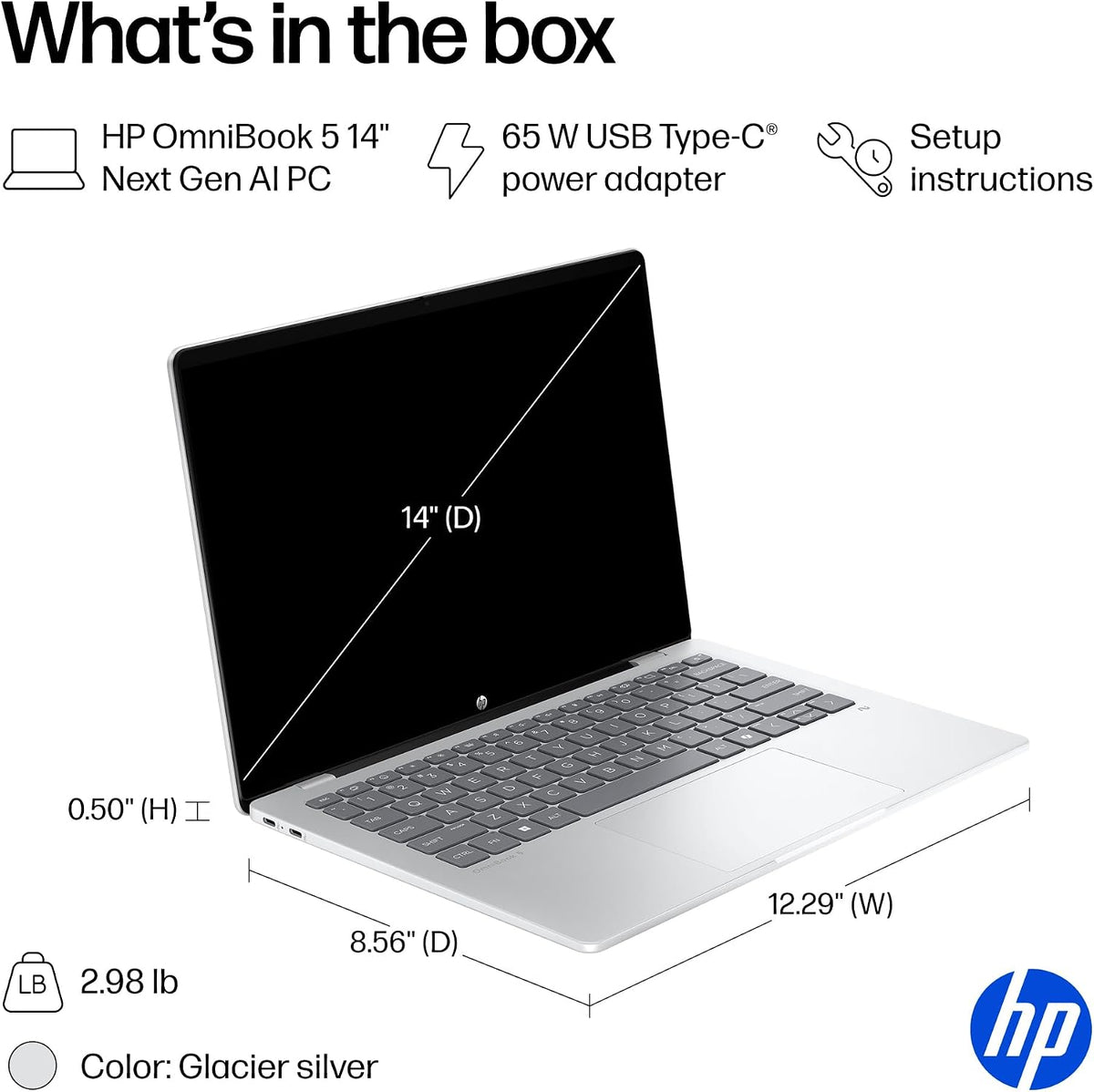 HP OmniBook 5 14 inch Next Gen AI PC, OLED Display, Snapdragon X Plus X1P-42-100, 16 GB RAM, 1 TB SSD, Qualcomm Adreno GPU, Windows 11 Home, Glacier Silver, 14-he0099nr