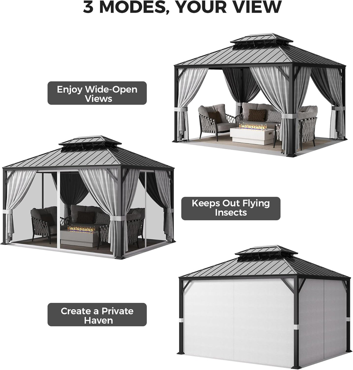 IRONCK 10'x12' Outdoor Hardtop Gazebo, Aluminum Patio Gazebo with Galvanized Steel Double Roof, Patio Pergola with Net and Curtain, Backyard Canopy for Garden, Deck, Black Gray