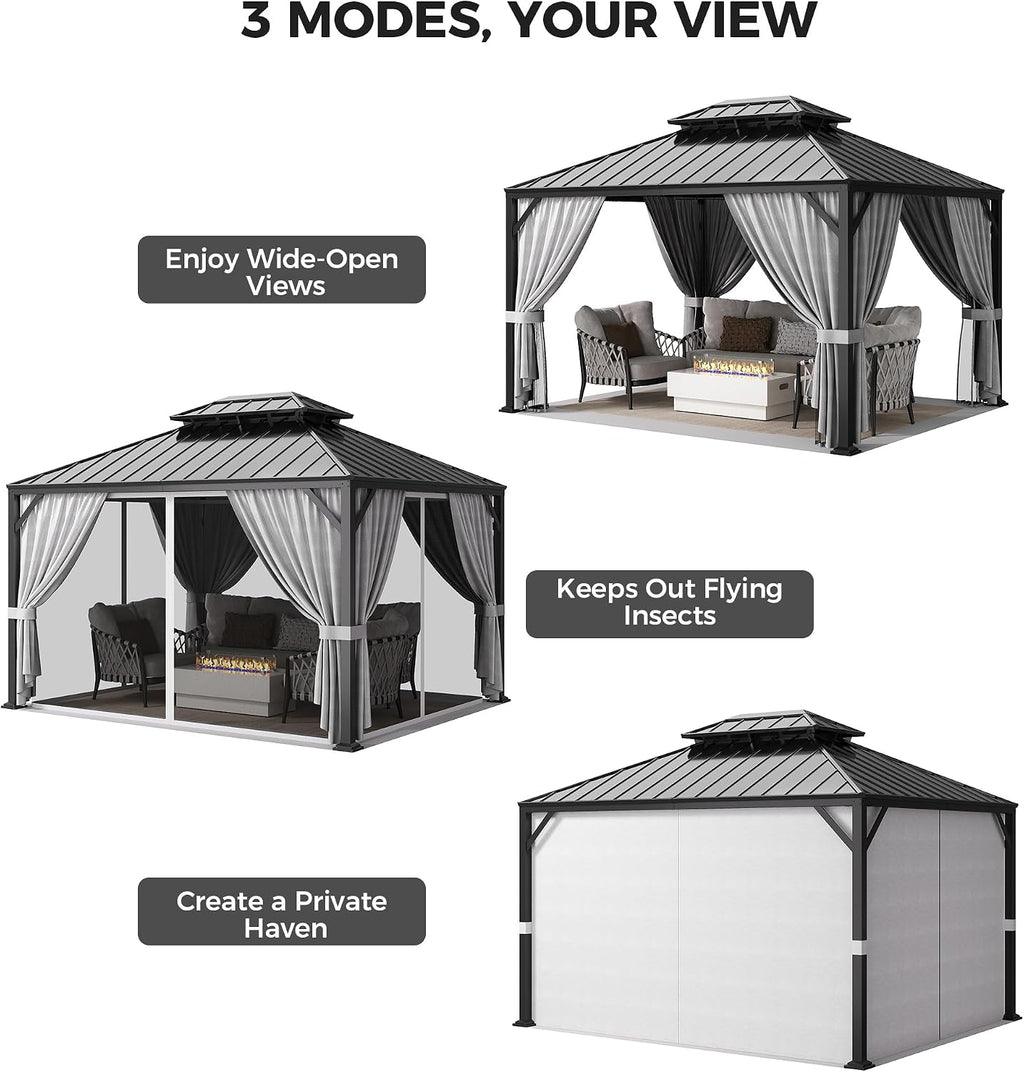 IRONCK 12'x16' Outdoor Hardtop Gazebo, Aluminum Patio Gazebo with Galvanized Steel Double Roof, Patio Pergola with Net and Curtain, Backyard Canopy for Garden, Deck, Black Gray