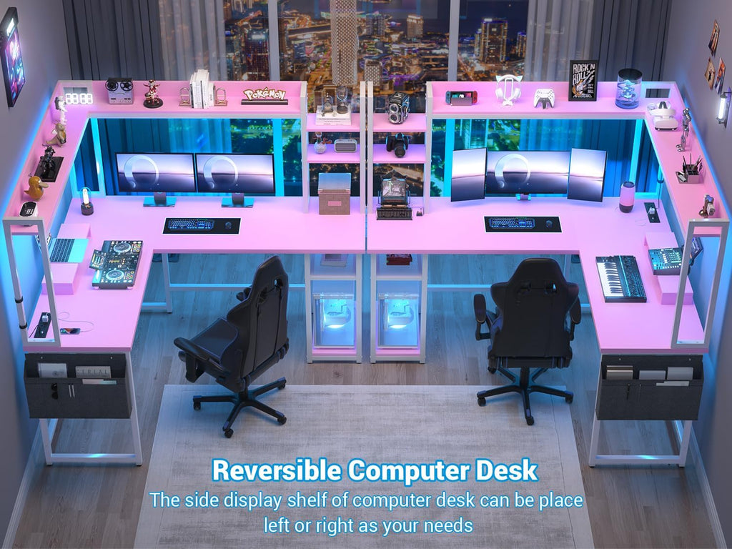 Aheaplus L Shaped Desk with Power Outlet, L Shaped Gaming Desk with Led Light & Hutch, Reversible Home Office Desk, Corner Computer Desk with Monitor Stand & Storage Shelves, Pink