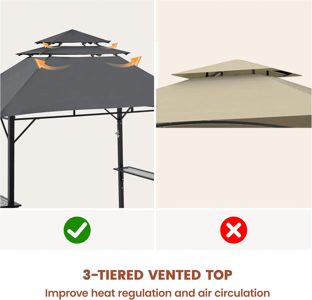Yaheetech 8x5' Grill Gazebo, 3-Tier Outdoor BBQ Gazebo with Height-Adjustable Shelves & 10 S-Shaped Hooks & Built-in Bottle Opener, Dark Gray