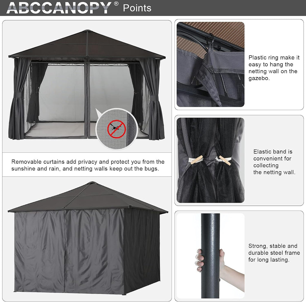 Hardtop Patio Gazebo with Curtains and Netting by ABCCANOPY