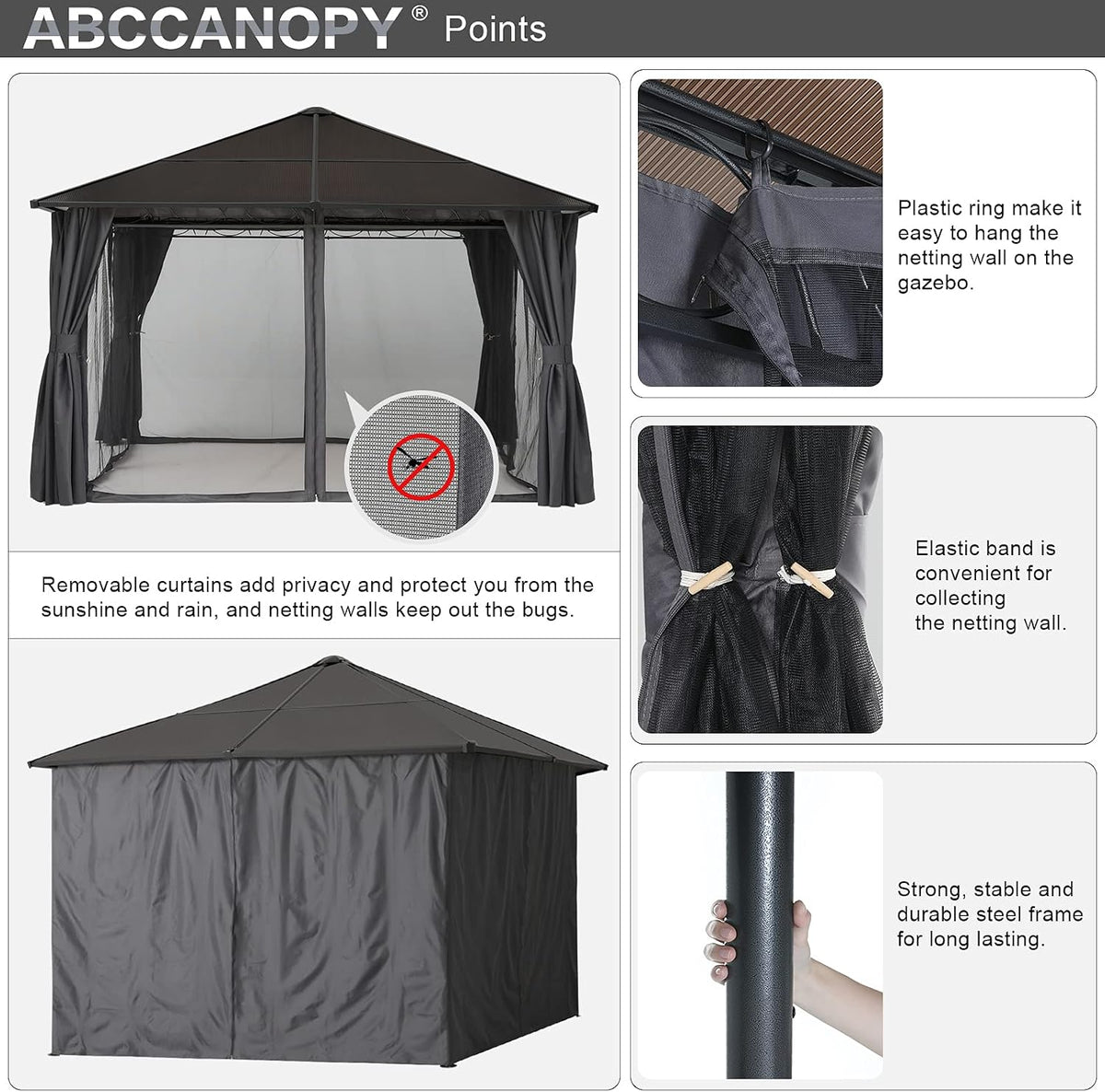 Hardtop Patio Gazebo with Curtains and Netting by ABCCANOPY