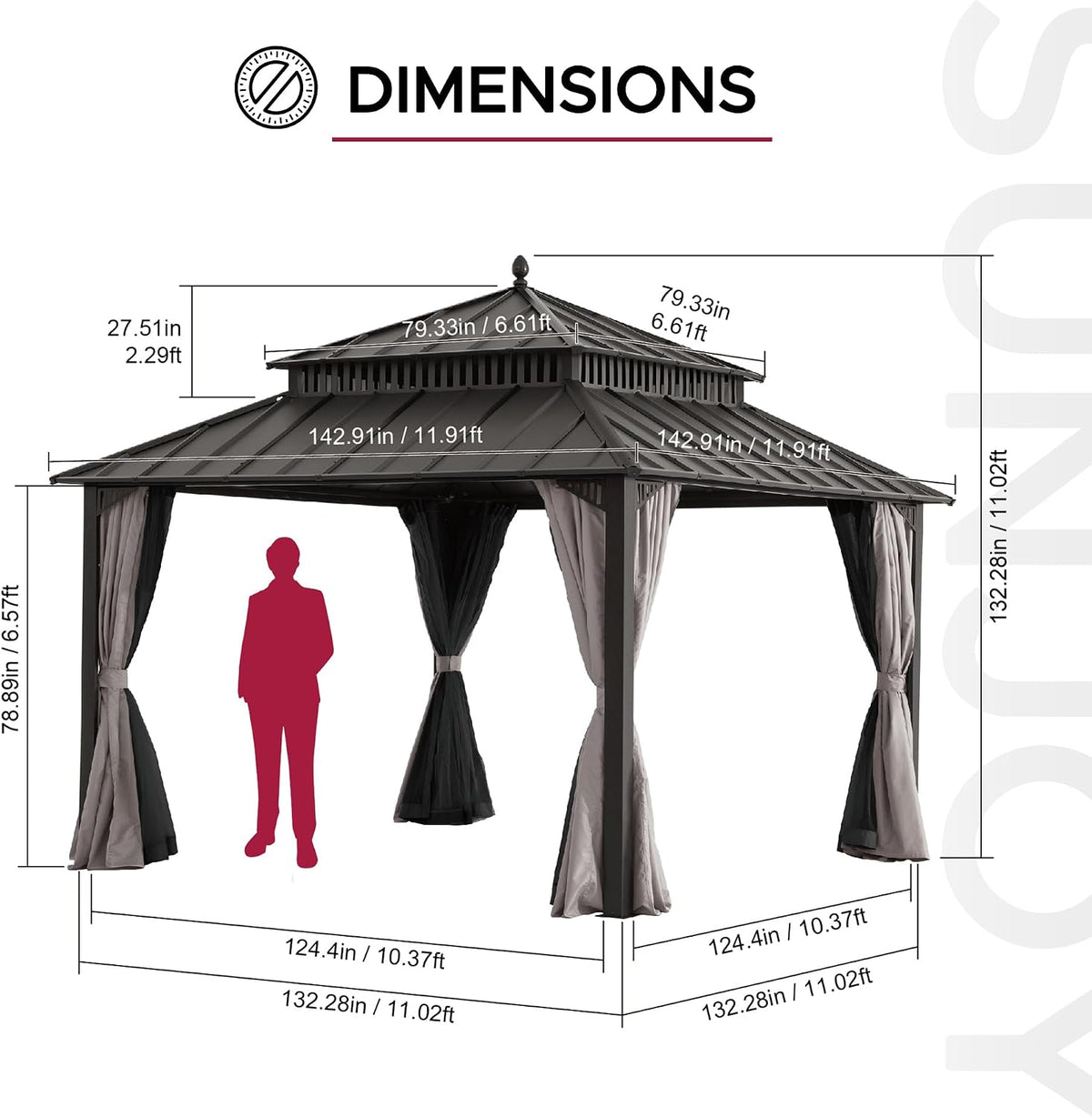 SUNJOY Kingston 12' x 12' Hardtop Gazebo with Galvanized Steel Double Roof, Curtain and Netting, Brown Aluminum Posts Permanent Pavilion Gazebo for Garden, Patio, Deck, Lawn