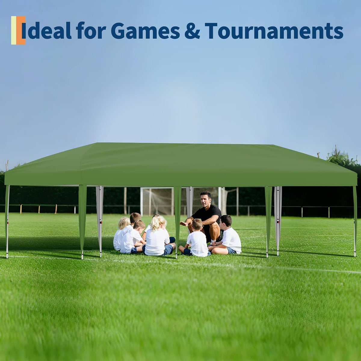GarveeLife 10x30 Pop-Up Awning with 8 Sidewalls - Heavy Duty Outdoor Awning Tent with Portable Rolling Bag - 3 Adjustable Height, 8 Weight Bags, 8 Stakes and 6 Drawstrings, Green