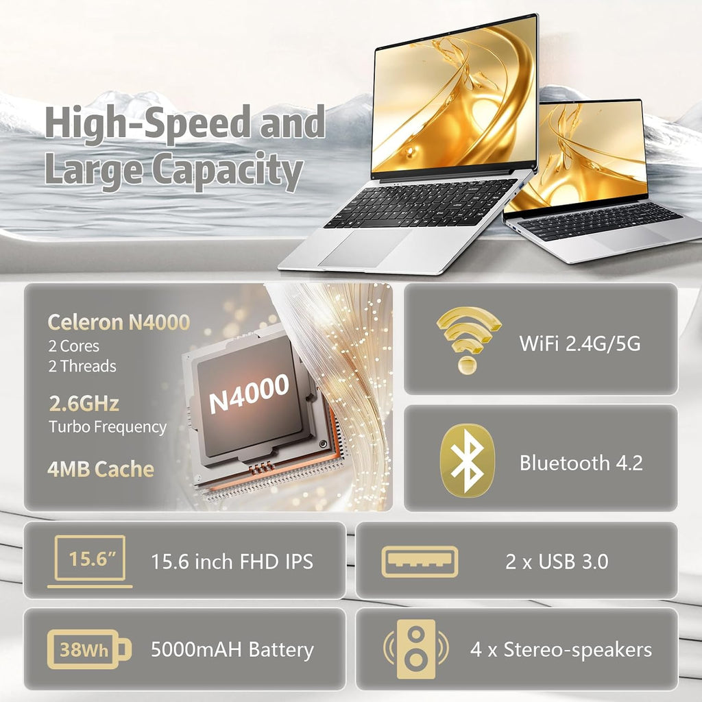 15.6 inch Laptop, Laptops with Celeron N4000, 2025 Gaming Laptop for 12GB LPDDR4 256GB SSD, IPS FHD 1920x1080, WiFi+BT4.2+Mini HDMI+TF Card Slot, Traditional Laptops Computers Convertible 180° Netbook