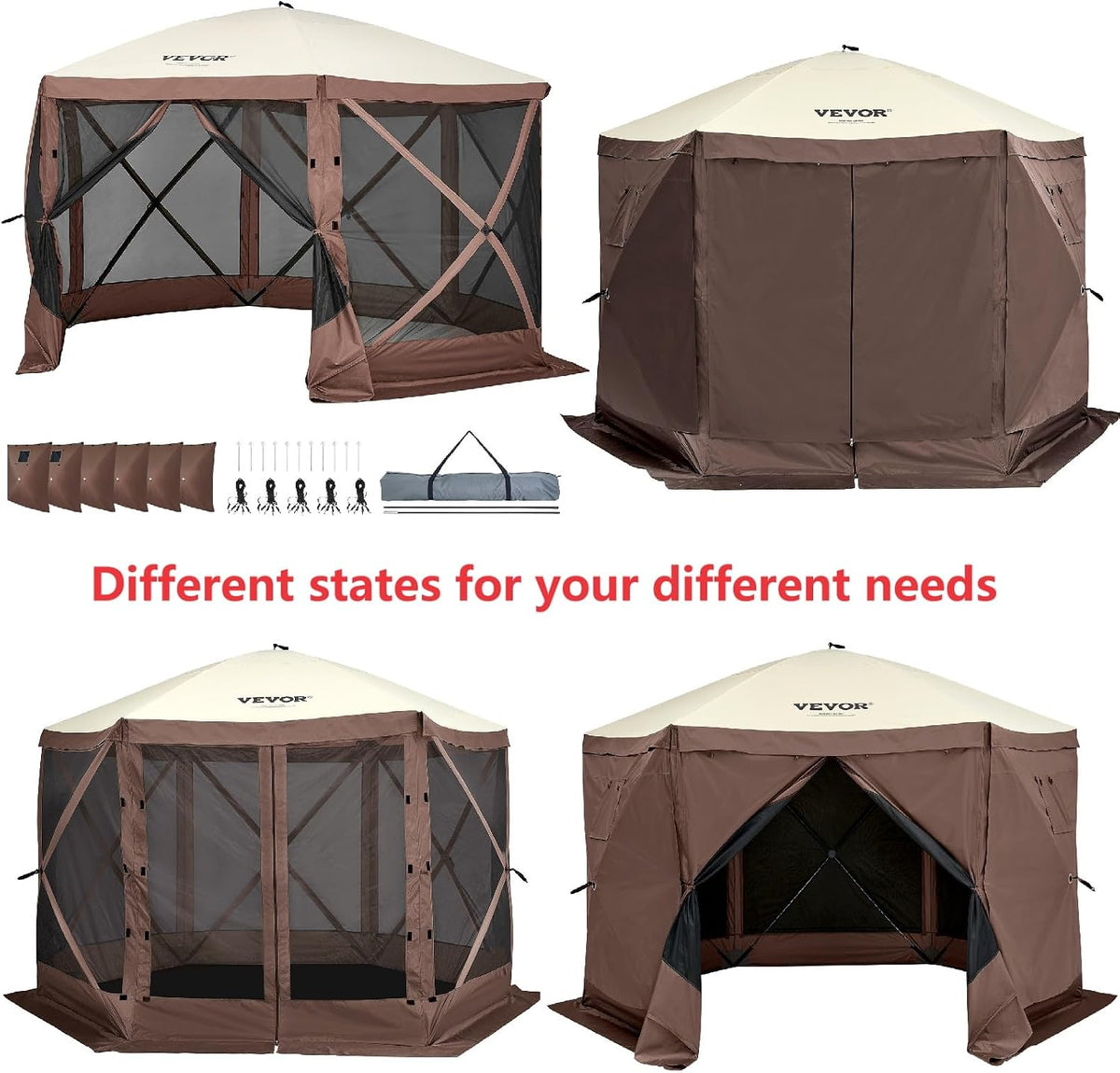 VEVOR Pop Up Gazebo Screen Tent, Pop-Up Instant Gazebo Tents with Mosquito Netting Outdoor Canopy, 6 Sided Sun Shelter 10x10ft with 6 Removable Wind Cloths & 2 Mesh Windows, Pavilion Tent for Patio
