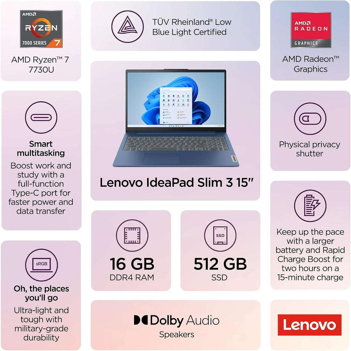 Lenovo Idea Pad 3 Touch Laptop in Blue AMD Ryzen 7 8-core up to 4.6Ghz 15.6in FHD 16GB RAM 512GB SSD Win 11 (15A - Renewed)