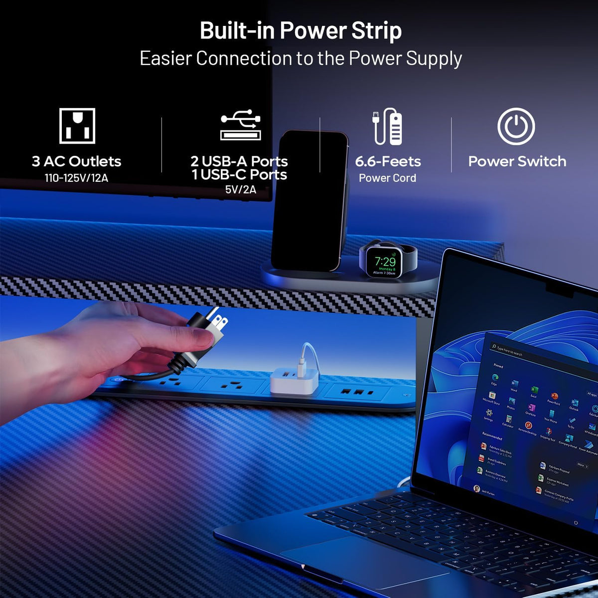 HLDIRECT 63 Inch Gaming Desk with 5 Sockets & LED Lights, Computer Gamer Desk with Monitor Stand, Ergonomic Carbon Fiber Gaming Table Home Office Desk with Cup Holder, Headphone Hook & Mouse Pad