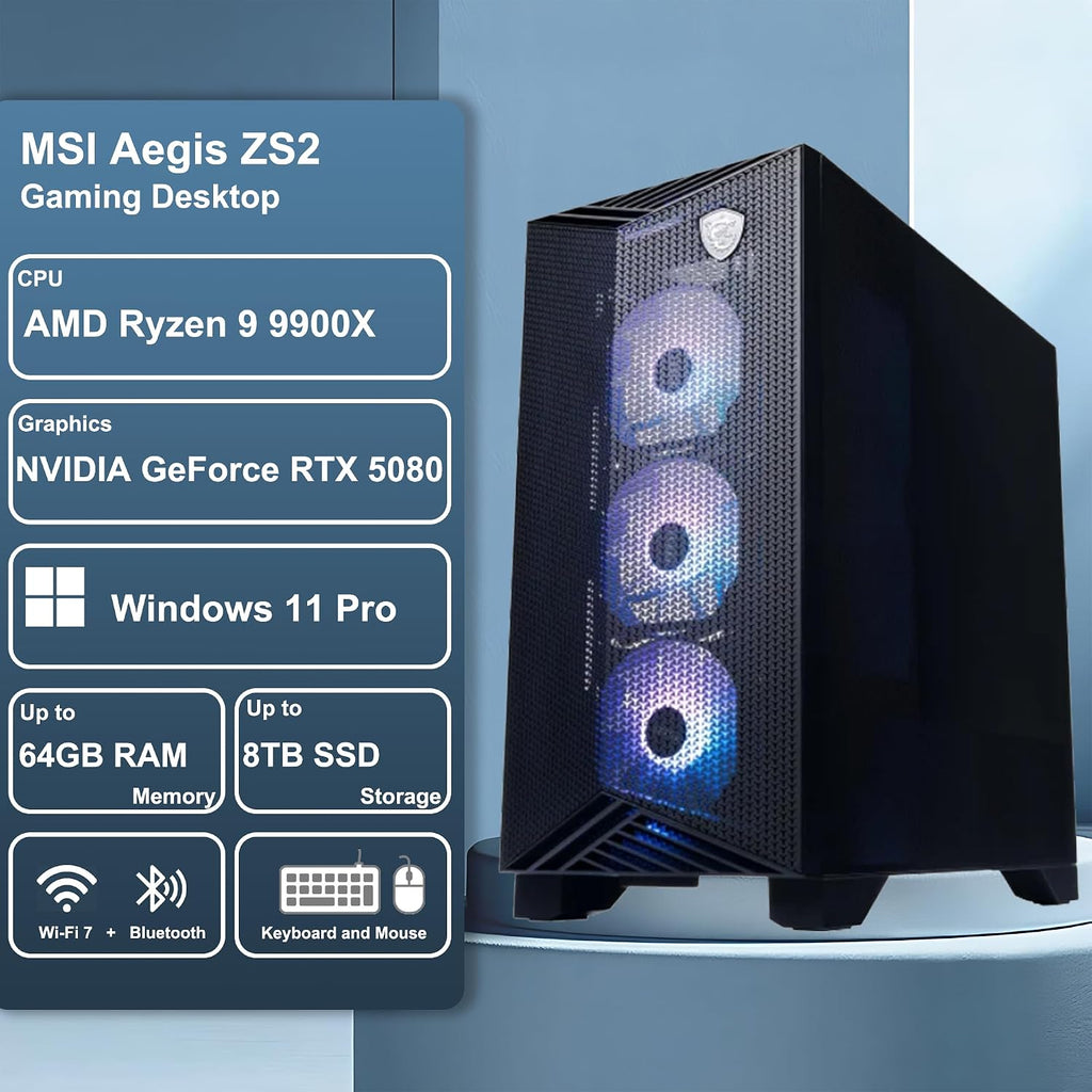 msi Aegis ZS2 Gaming Desktop AMD 12-core Zen 5 Ryzen 9 9900X (>i9-14900HX) 32GB DDR5 2TB SSD GeForce RTX 5080 (Up to 1801 AI Tops) 360mm Liquid Cooler 850W 80+ Gold PSU Support HDD Win11Pro w/ICP Hub