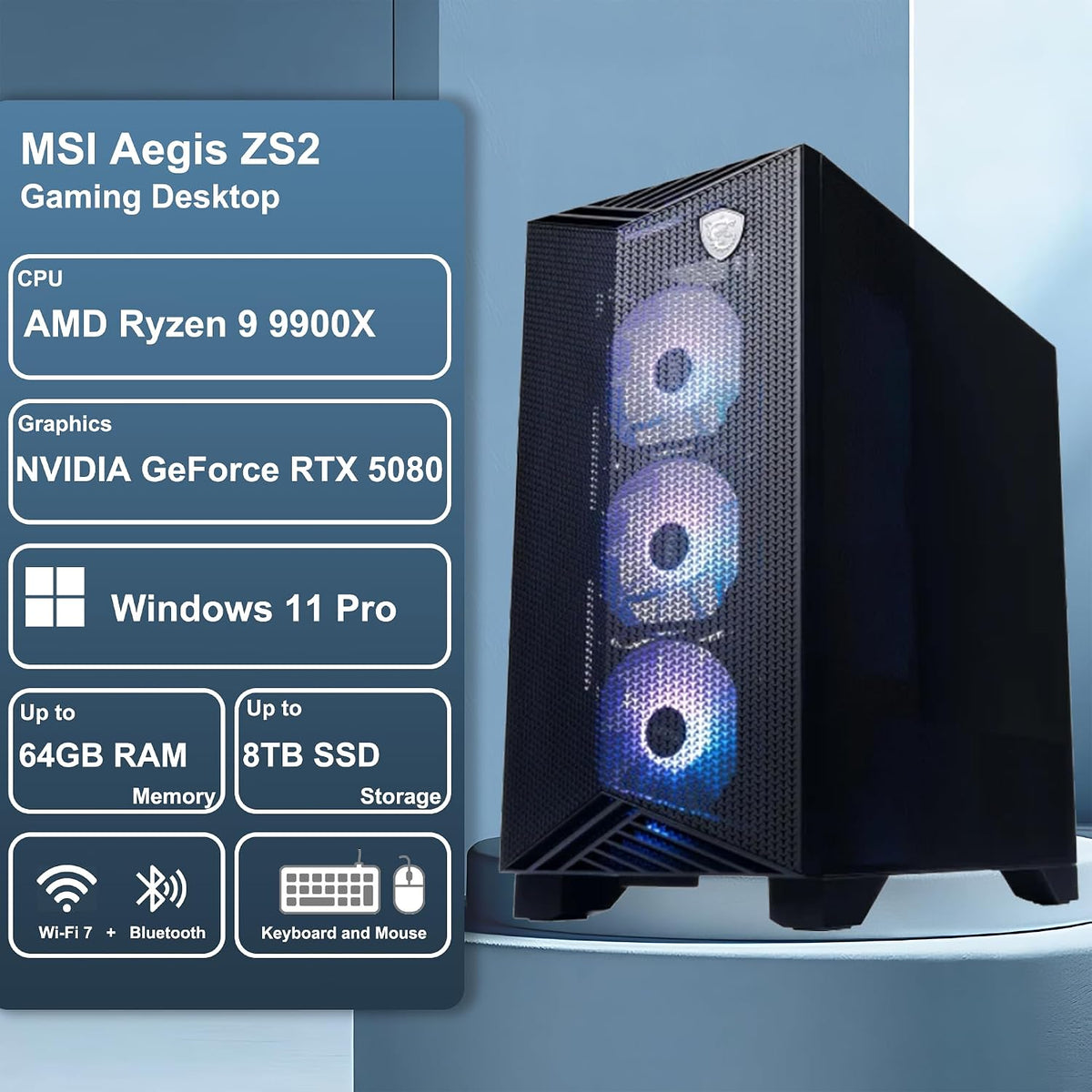 msi Aegis ZS2 Gaming Desktop AMD 12-core Zen 5 Ryzen 9 9900X (>i9-14900HX) 32GB DDR5 2TB SSD GeForce RTX 5080 (Up to 1801 AI Tops) 360mm Liquid Cooler 850W 80+ Gold PSU Support HDD Win11Pro w/ICP Hub