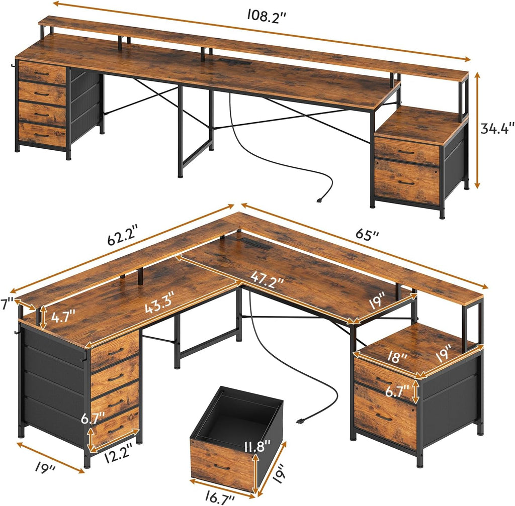 SEDETA L Shaped Desk with 6 Drawer, 108' Home Office Desk with File Drawer & Power Outlet, Corner Computer Desk with Monitor Shelf, Two Person Desk, Gaming Desk with Led Lights, Rustic Brown