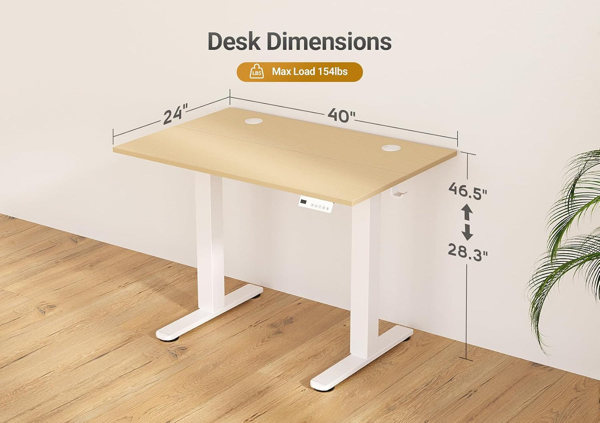 Seang Electric Standing Desk Adjustable Height, 40 x 24 Inch Sit Stand Desk with T-Shaped Frame, 3 Memory Presets & Cable Management for Home Office Computer Workstation, White Frame/Nature Top