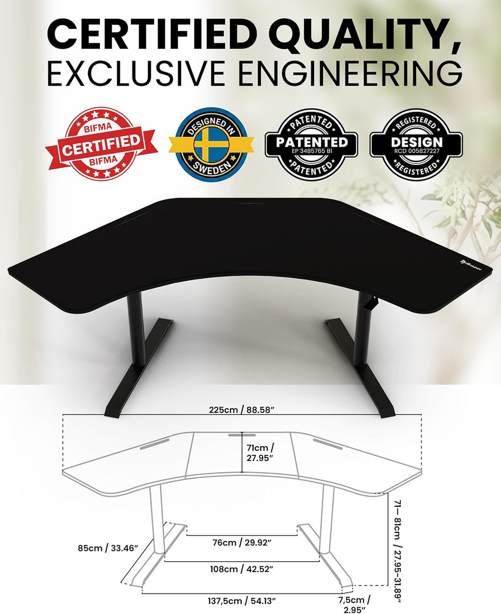 Arozzi Arena Angelo L Shaped GamingDesk, PC GamingDesk L Shape, Height Adjustable L Shaped Standing Desk for Home Office, with Full Coverage Mouse Pad (Pure Black)