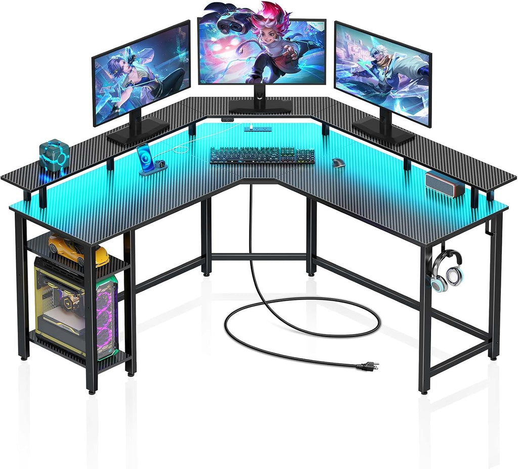 Rolanstar L Shaped Gaming Desk with LED Lights & Power Outlets, 53' Computer Desk with Full Monitor Stand & Storage Shelf, Corner Desk with Hooks, Carbon Fiber Desk Reversible