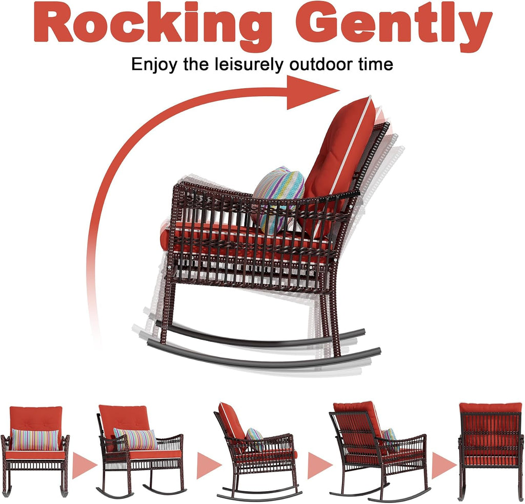 DECMICO Outdoor Rocking Chairs 3 Pieces Patio Conversation Front Porch Furniture, Wicker Rocking Chairs Bistro Set with Coffee Table and Cushions for Garden and Balcony, Orange