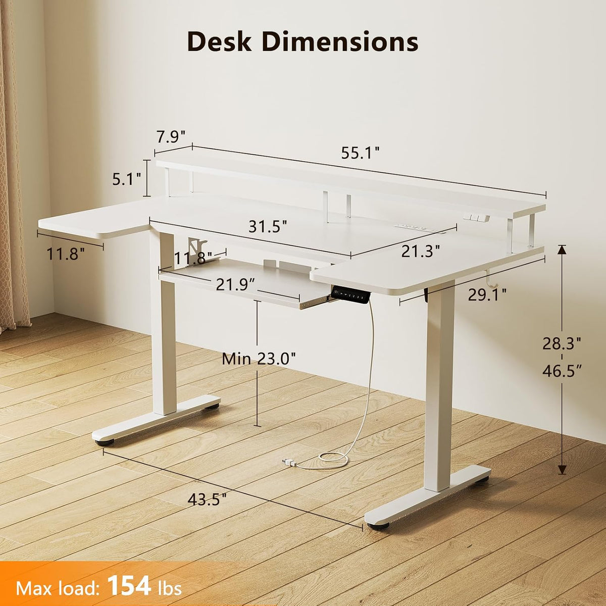 OffiGo U Shaped Electric Standing Desk with Keyboard Tray, 63 Inch Height Adjustable Desk with Power Outlets & LED Lights, Sit Stand Table with Monitor Stand for Home, Office, White