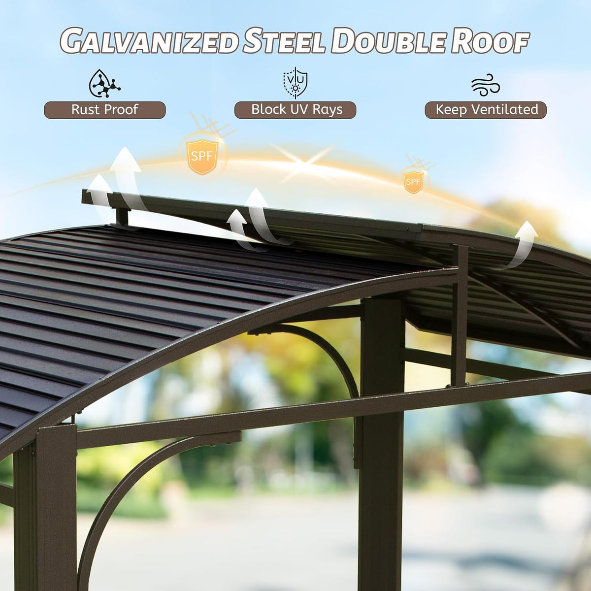 8x5FT Hardtop Grill Gazebo, All-Weather Outdoor Gazebo with 2 Side Shelves and Bottle Opener, Galvanized Steel Double ARC Roof, Outdoor Metal Grill Canopy for Patio, Backyard, Lawn, Deck – Brown