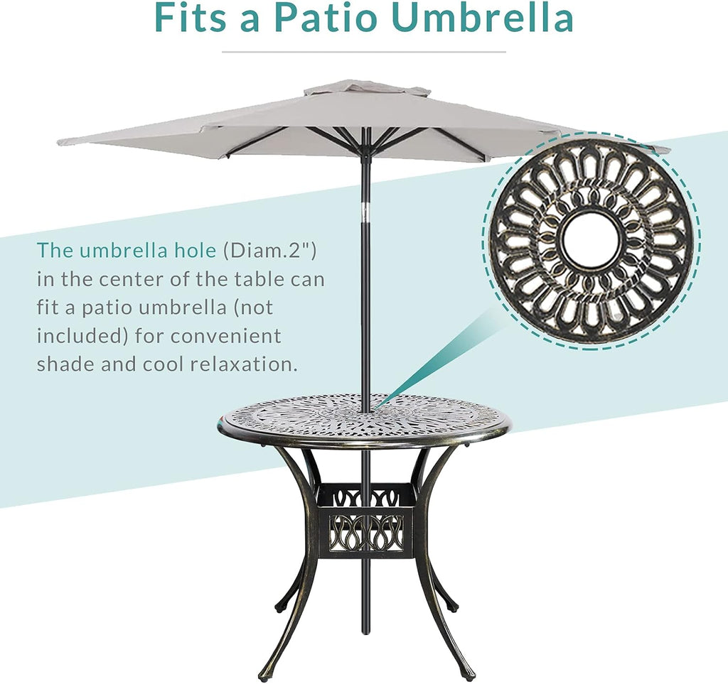 MEETWARM 5 Piece Patio Dining Set, Outdoor All-Weather Cast Aluminum Dining Table Set, Patio Furniture Set for Backyard Garden Deck, Include 4 Chairs, 4 Cushions and 1 Round Table with Umbrella Hole