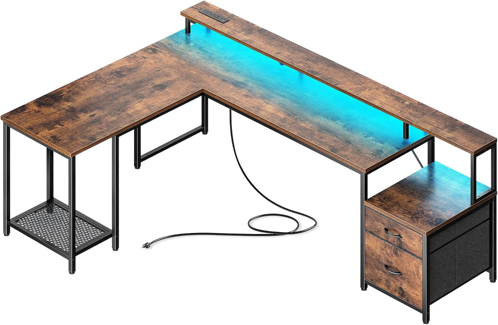 PRAISUN 66' L Shaped Gaming Desk with LED Lights & Power Outlets, Computer Desk with Fabric Drawers and Print Stand, Corner Office Desk, Monitor Stand, Mesh CPU Stand, Rustic Brown