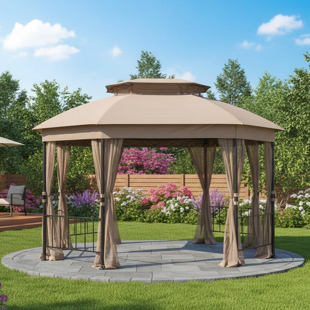 Garden Winds Reinforced RipLock 350 Replacement Canopy Top Cover Compatible with Jefferies 10' x 12' Gazebo Model A101013211 - Beige