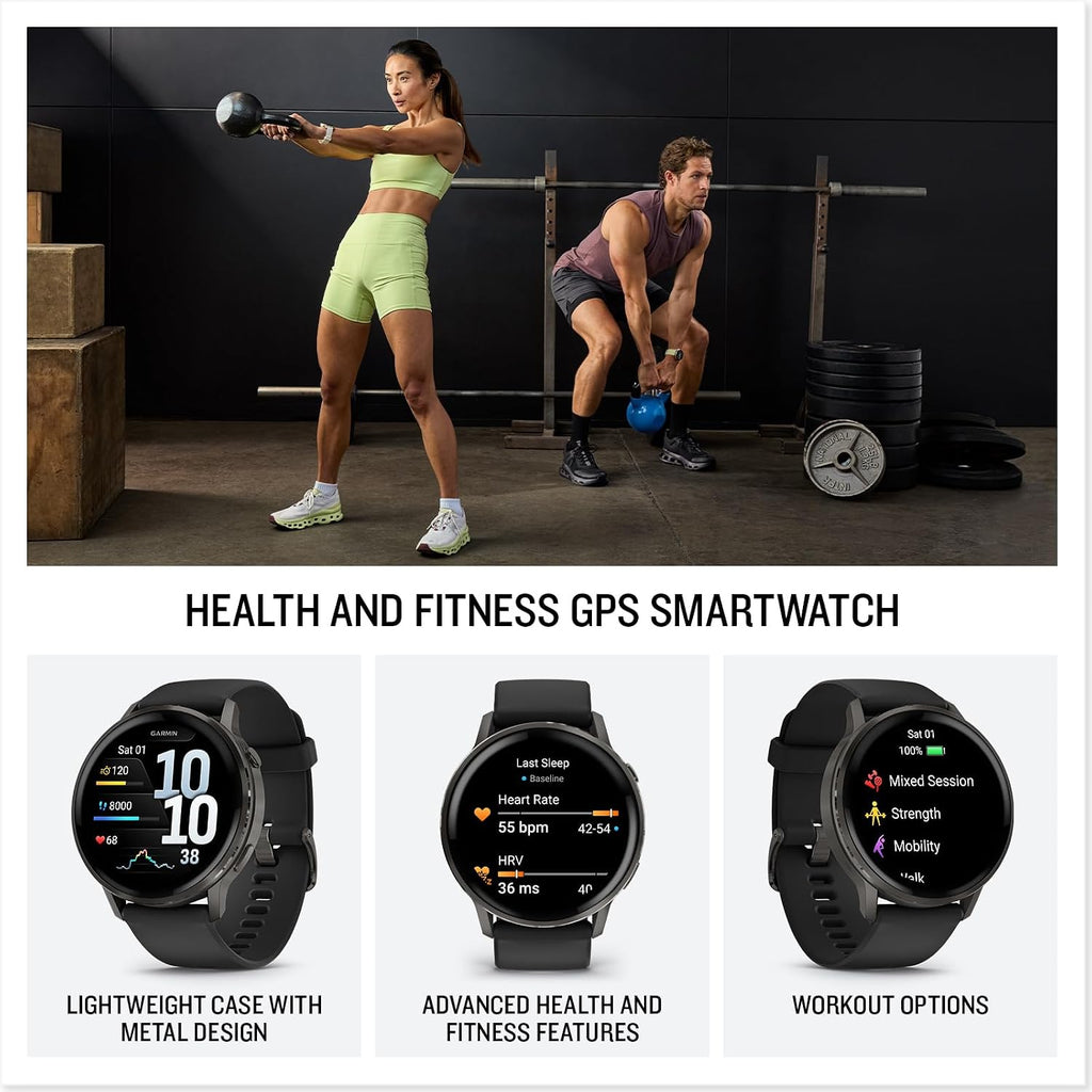 Garmin Venu® 4, 45mm, Advanced Health and Fitness GPS Smartwatch, Bright and Colorful Display, Built-in Flashlight, 12 Days of Battery Life, Slate with Black Silicone Band