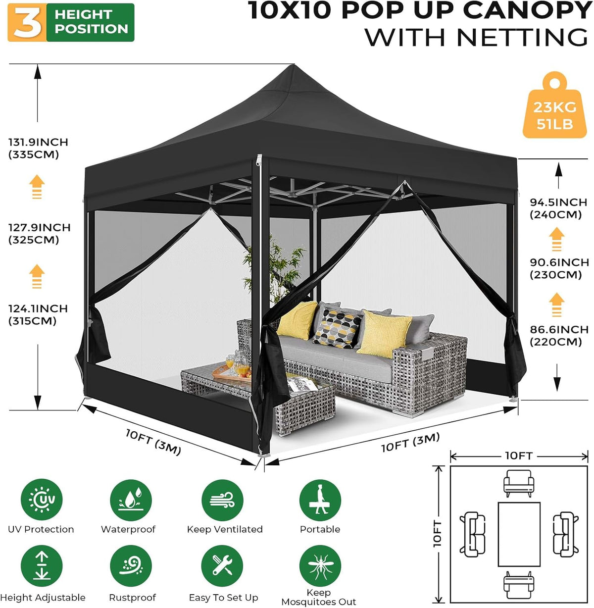 COBIZI 10x10 Heavy Duty Pop Up Canopy Tent with 4 Sidewalls, Commercial Gazebo Party Tent with Mosquito Netting Wall Easy Set Up Outdoor Instant Screen Canopy for Backyard, Patio, Garden, Black