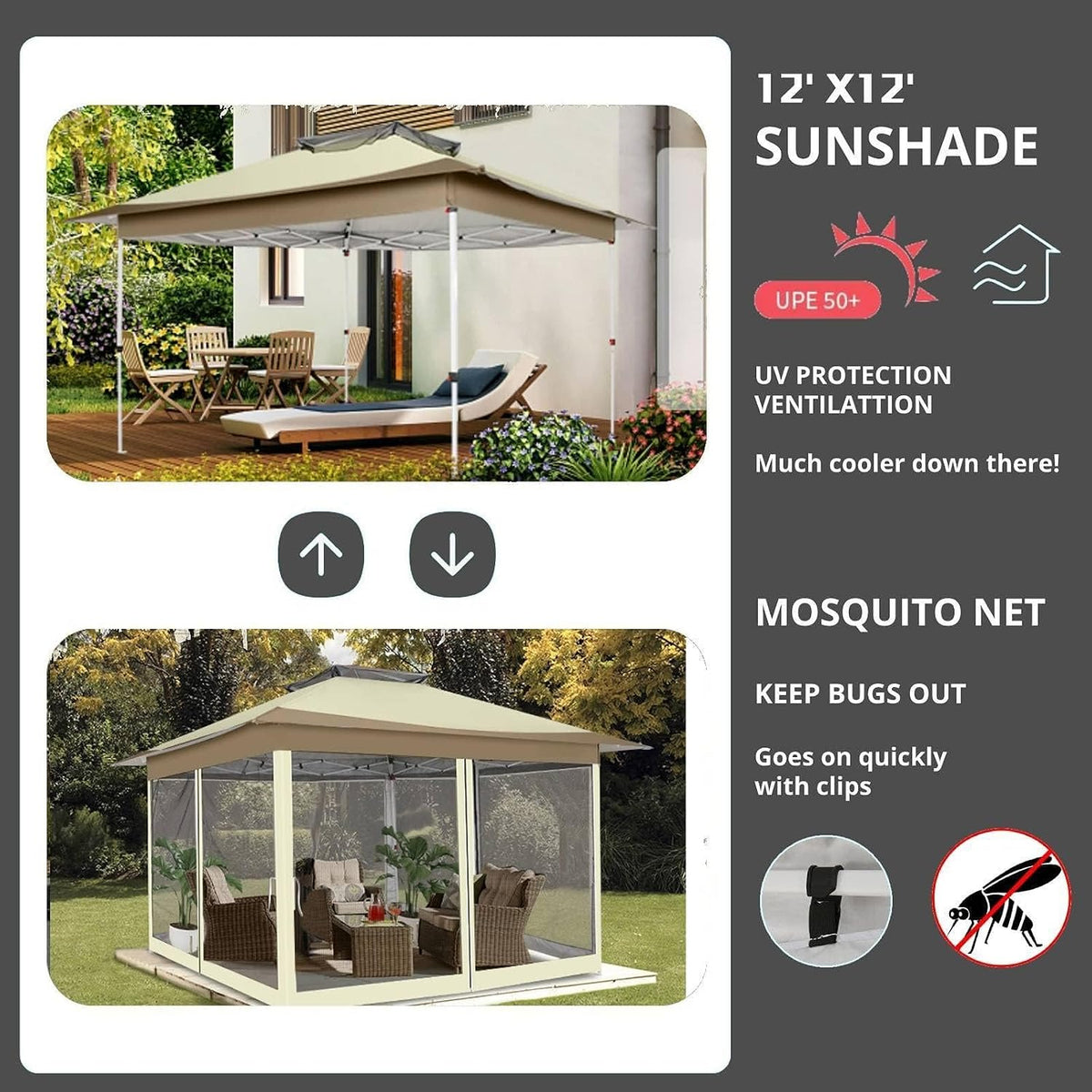 COBIZI 12x12 Pop Up Gazebo On Clearance - Upgrade Easy Up Metal Outdoor Canopy Waterproof - Portable Gazebo with Mosquito Nettings, 4 Ropes 8 Stakes and Carry Bag for Patio Garden(Khaki)
