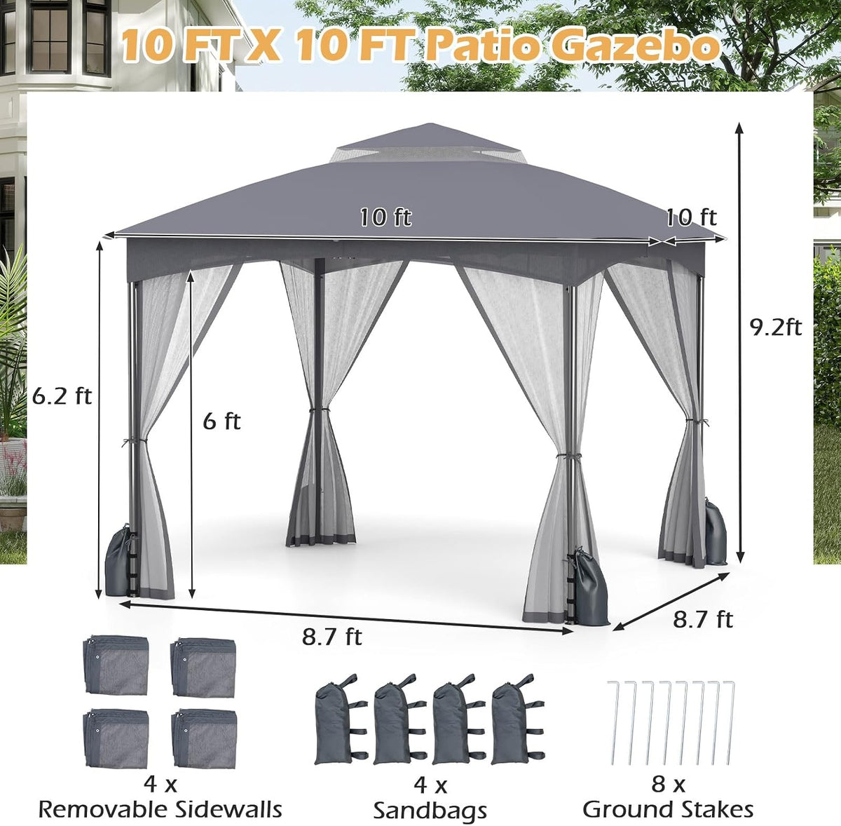 Tangkula 10x10 FT Outdoor Gazebo with Netting, Double Roof Patio Shelter with 4 Sandbags, Zippered Doors, Heavy-Duty Metal Frame, Metal Patio Gazebo for Yard Garden Lawn (Grey)