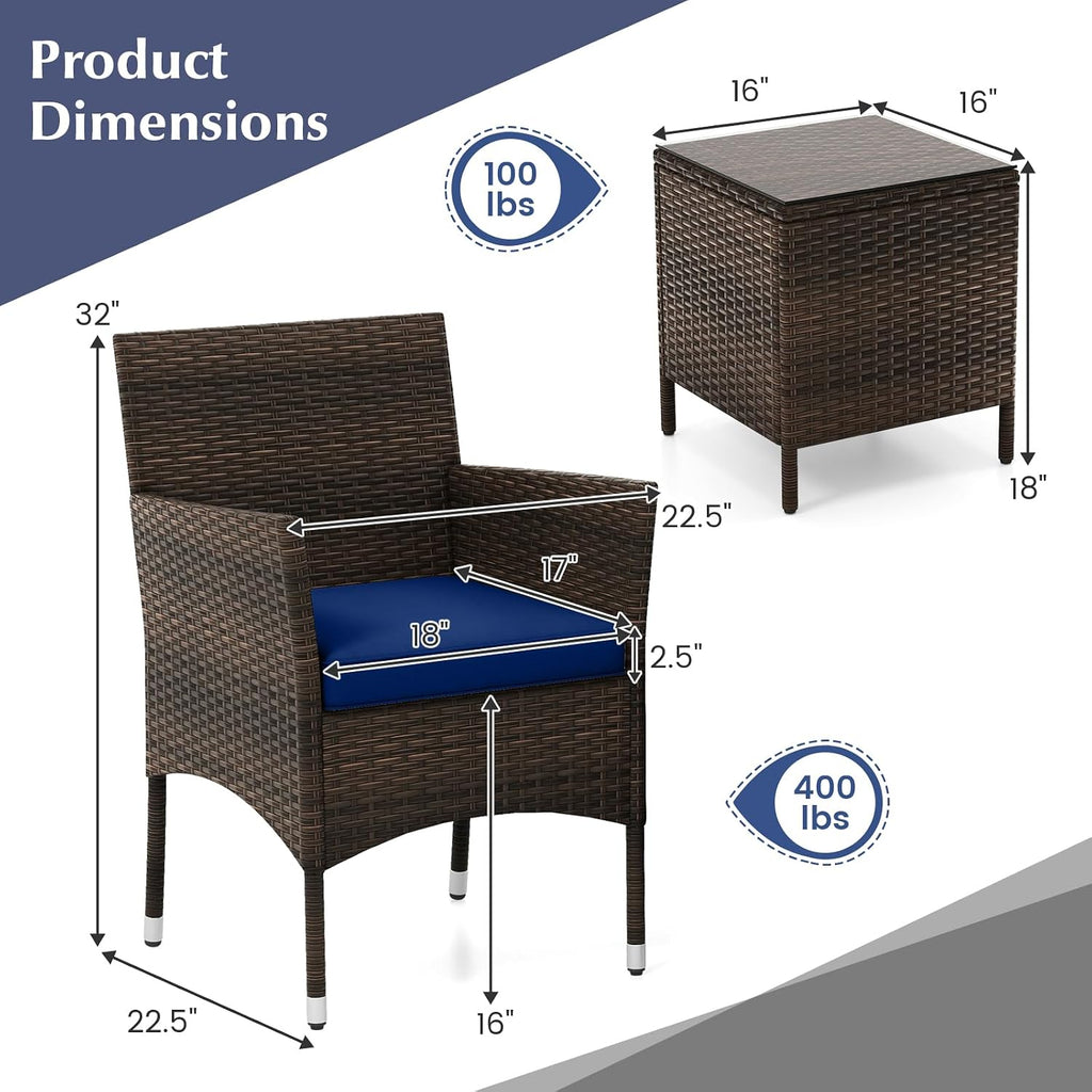 KOTEK 3 Piece Patio Furniture Set, Outdoor Wicker Patio Chairs with Soft Cushions & Tempered Glass Top Table, PE Rattan Bistro Set for Porch, Garden, Balcony (Navy)