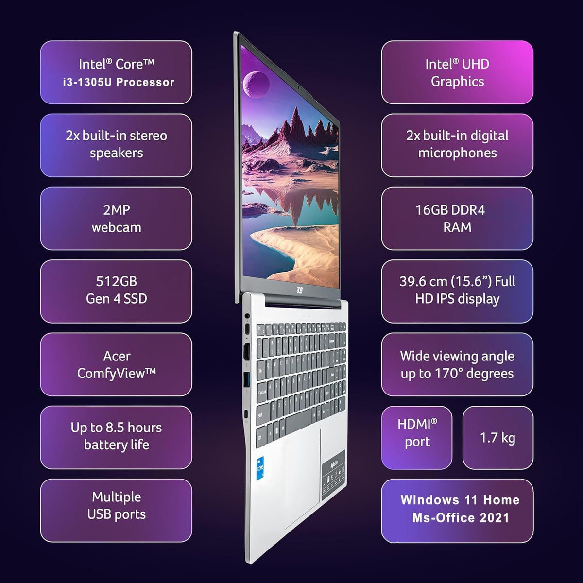acer Aspire 3 Slim Laptop with Office 365 for The Web - Backlit Keyboard - Intel Core I3-1305U Processor - 8GB RAM - 256GB SSD - 15.6' FHD - Windows 11 no Mouse