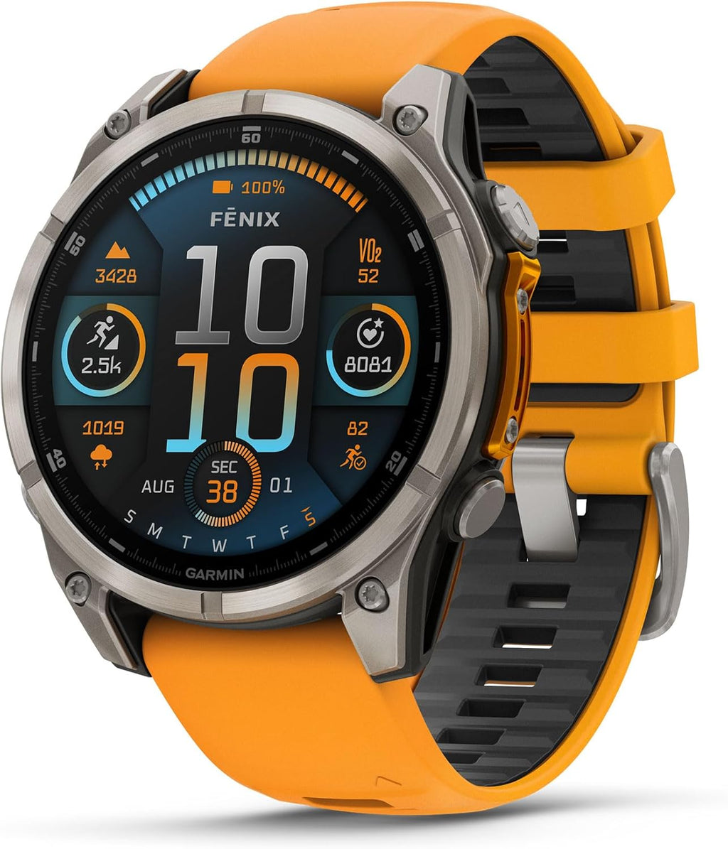 Garmin Fenix 8 Premium Multisport GPS Running Smartwatch, 47 mm | AMOLED, Dive-Rated, Built-in Flashlight | Titanium with Spark Orange/Graphite Band with Signature Series Charging Stand