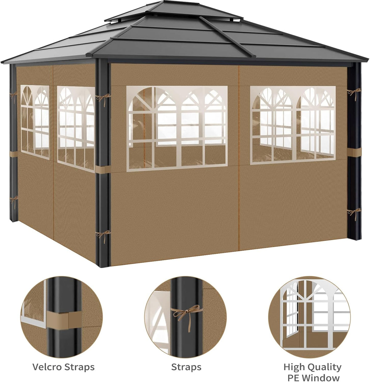 Gazebo Privacy Curtains 10' x 12' with PVC Windows, 4-Panels Side Wall with Zipper Universal Replacement for Patio, Outdoor Canopy, Garden and Backyard