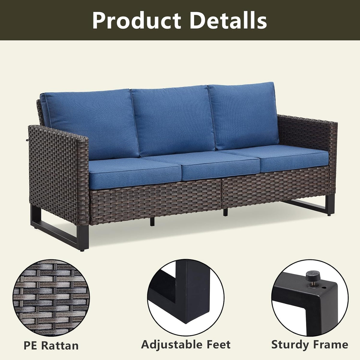 Luxury Wicker Outdoor Patio Furniture Set - 6 Piece Patio Conversation Set with 2 Swivel Rocker Chairs,2 Rattan Ottoman,1 Couch and 1 Metal Coffee Table for Outside Porch Deck Backyard(Brown/Blue)